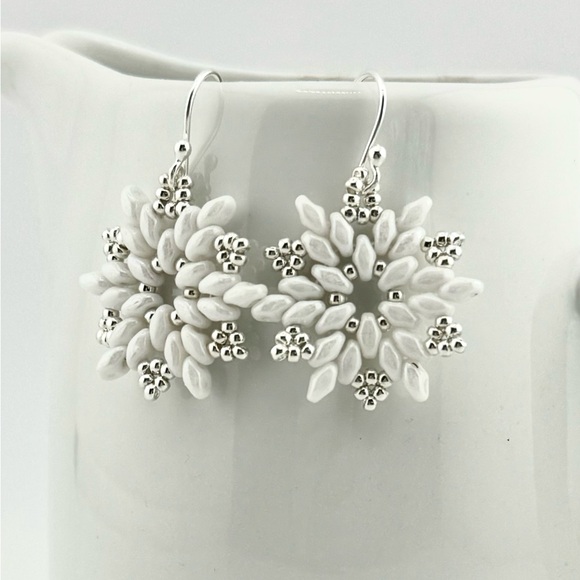 Sterling Silver and White Snowflake Earrings, Beaded White Snowflake Earrings - Picture 2 of 6